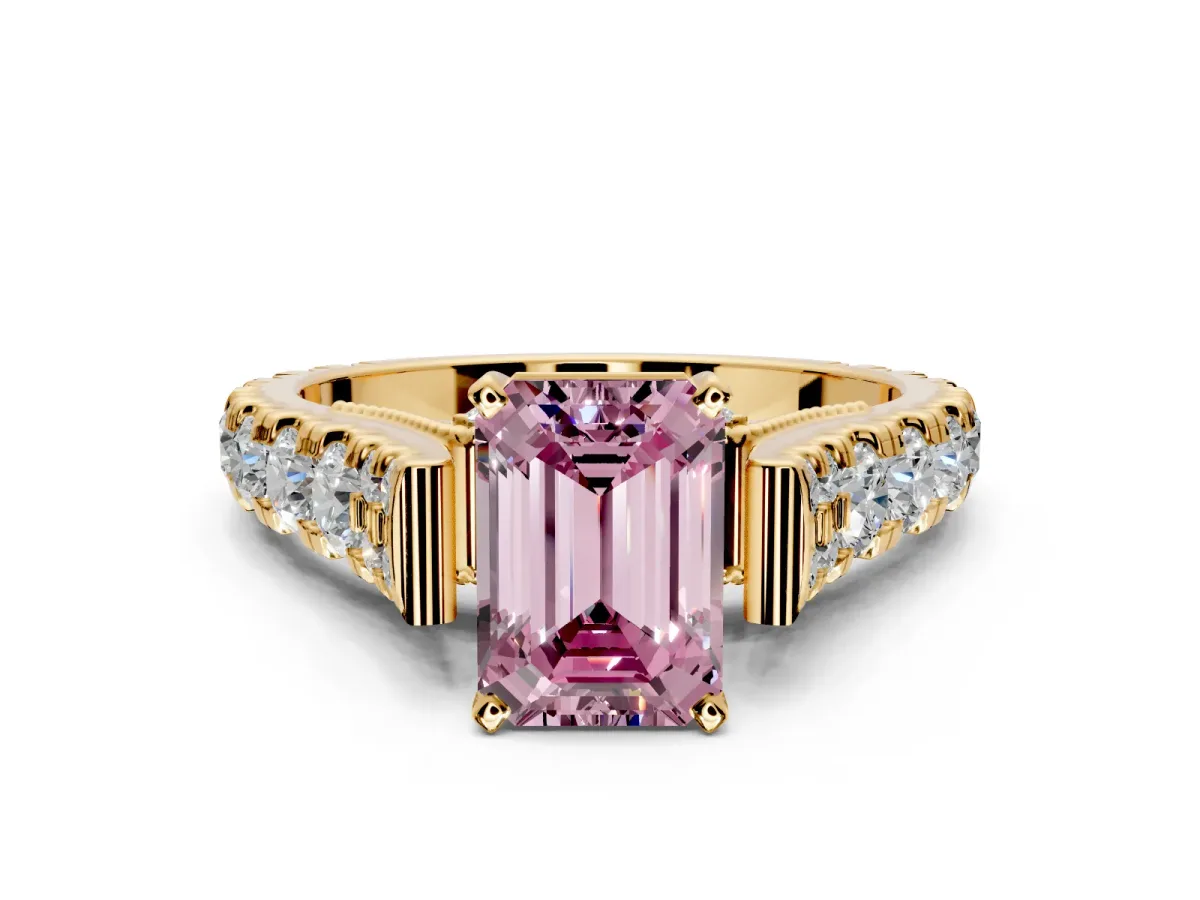 Solitaire Engagement Ring Setting for Fancy Pink Emerald Cut Center with Pave Cathedral Shoulders and Prong Head in Yellow Gold