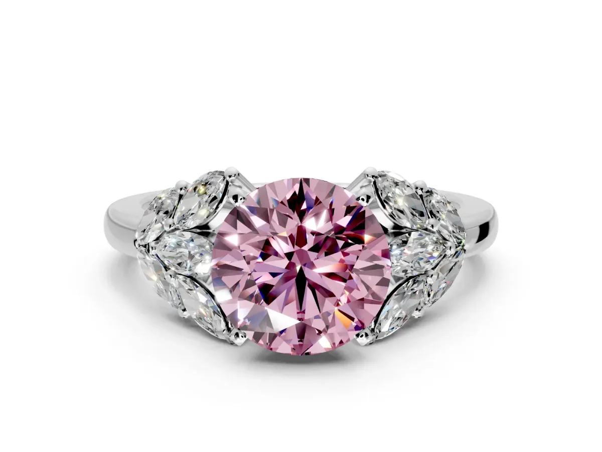 Leaf Cluster Engagement Ring Setting for Fancy Pink Round Cut Center with Marquise Accents and Prong Head in Platinum