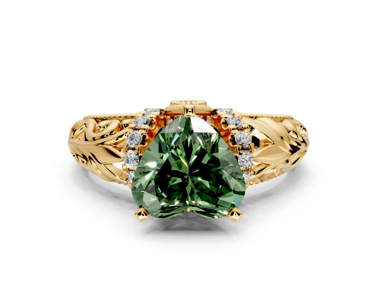 Solitaire Engagement Ring Setting for Fancy Green Heart-Shaped Center with Filigree Accent Basket and Prong Head in Yellow Gold