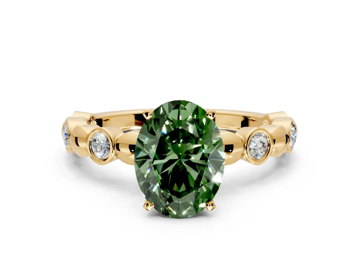 Solitaire Engagement Ring Setting for Fancy Green Oval Center with Beaded Bezel Station Band and Prong Head in Yellow Gold