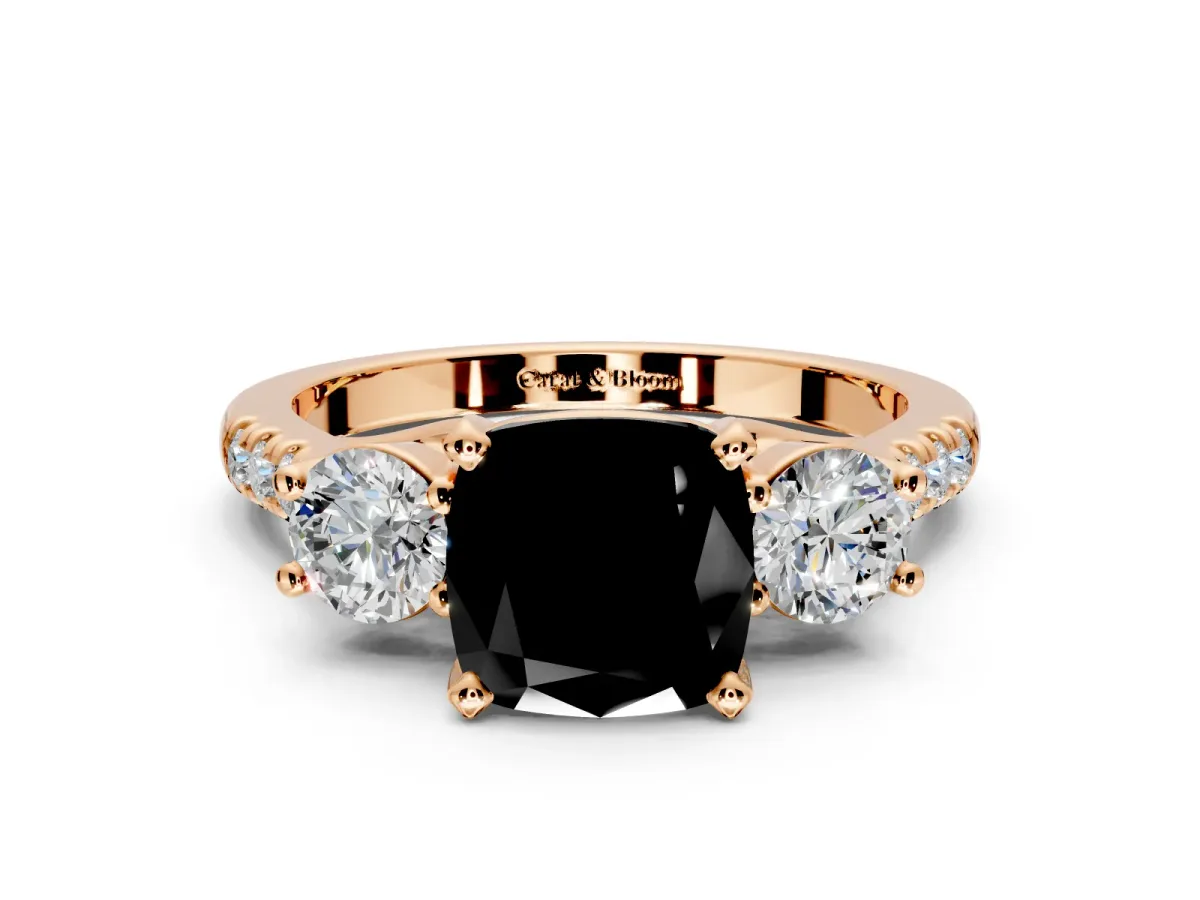 3 Stone Engagement Ring Setting for Fancy Black Cushion Cut Center with Crossover Basket, Pave Band and Prong Head in Rose Gold