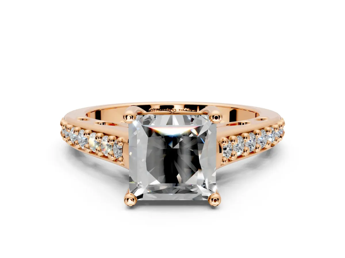 Solitaire Engagement Ring Setting for Princess Cut Center with Pave Cathedral Band and Prong Head in Rose Gold