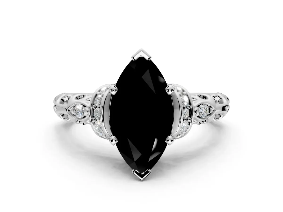 Solitaire Engagement Ring Setting for Fancy Black Marquise Center with Filigree Band and Prong Head in Sterling Silver