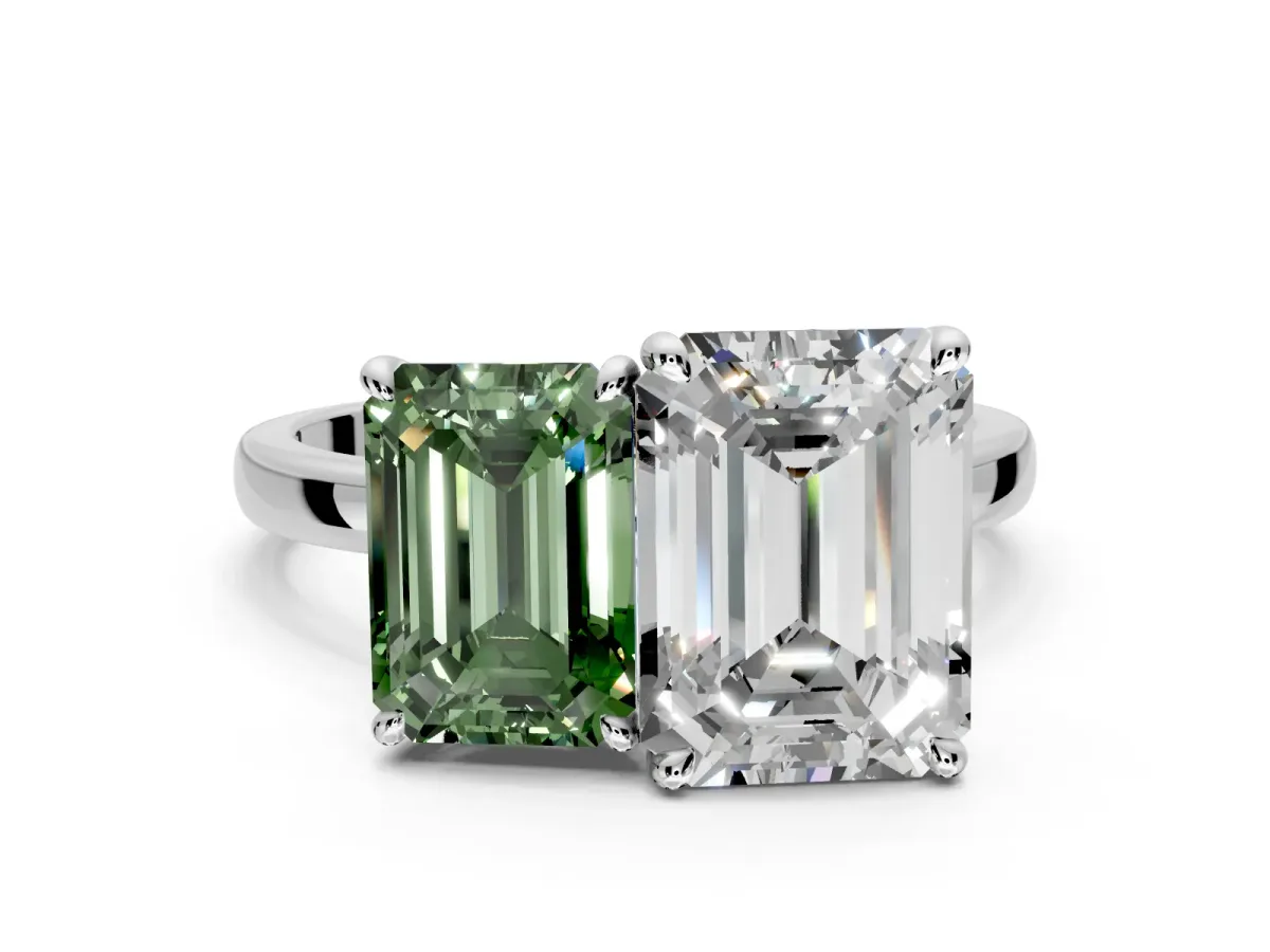Fancy Green Emerald Cut and Emerald Cut Lab-Grown Diamond Toi et Moi Engagement Ring with Prong-Set Stones in Platinum