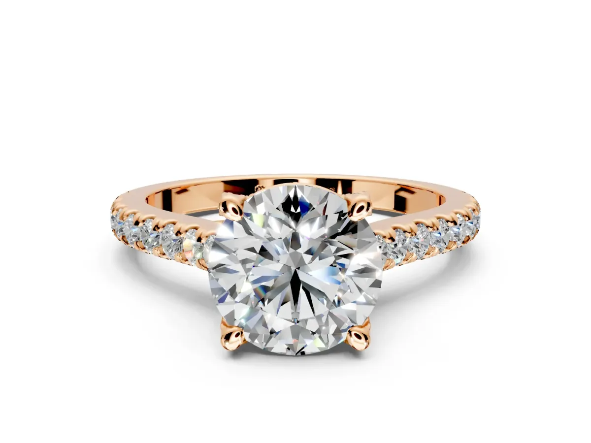 Solitaire Engagement Ring Setting for Round Cut Center with Widening Pave Band and Claw Prong Head in Rose Gold