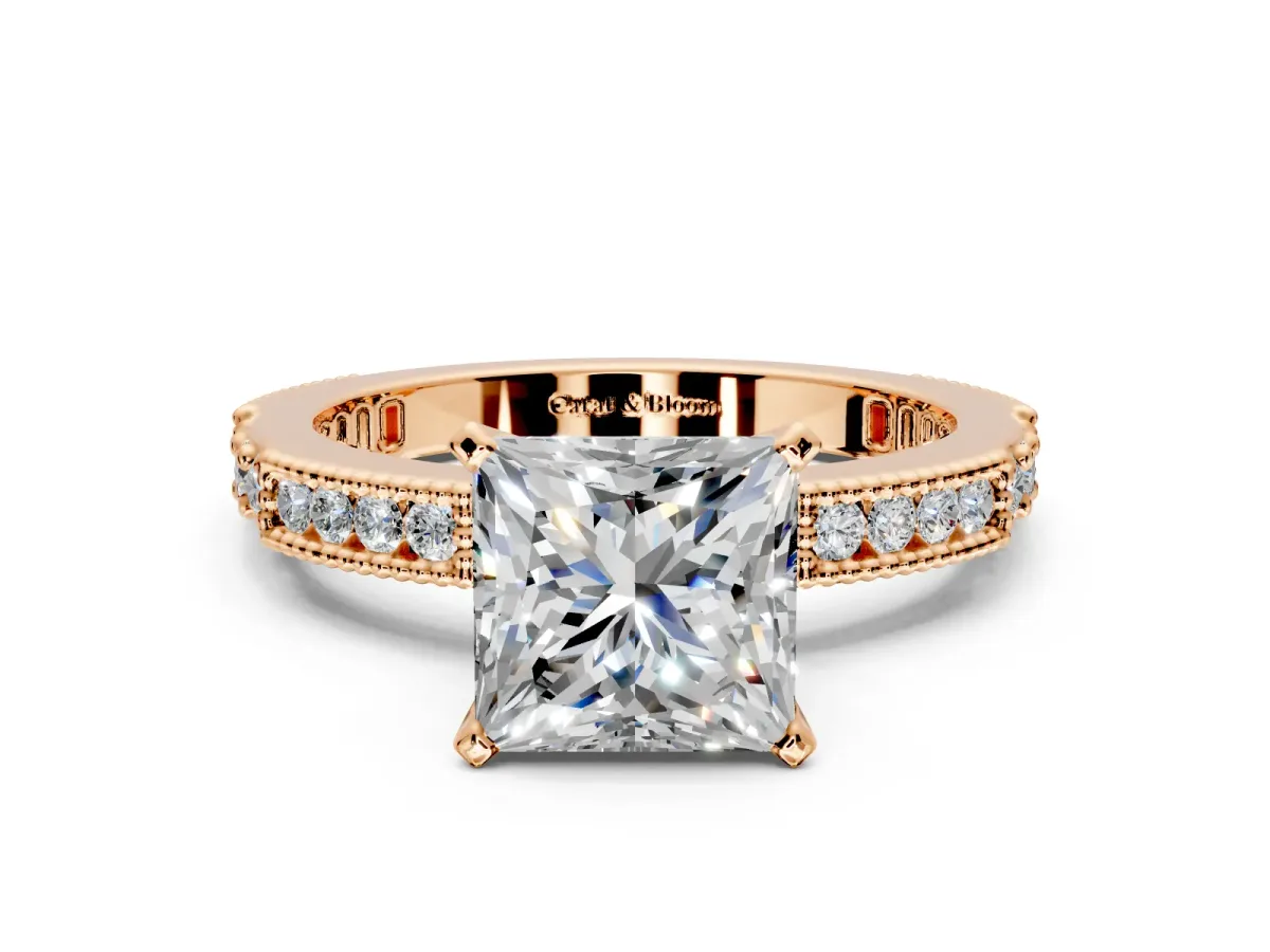 Solitaire Engagement Ring Setting for Princess Cut Center with Milgrain-Edged Pave Band and Prong Head in Rose Gold
