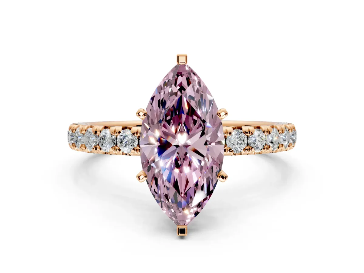 Solitaire Engagement Ring Setting for Fancy Pink Marquise Center with Shared-Prong Accents and Prong Head in Rose Gold