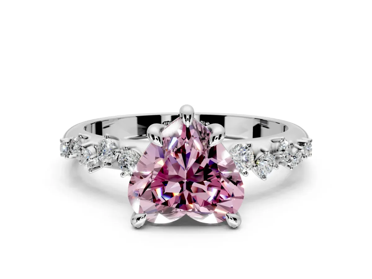 Solitaire Engagement Ring Setting for Fancy Pink Heart-Shaped Center with Trailing Leaf Accent Band and Prong Head in Platinum