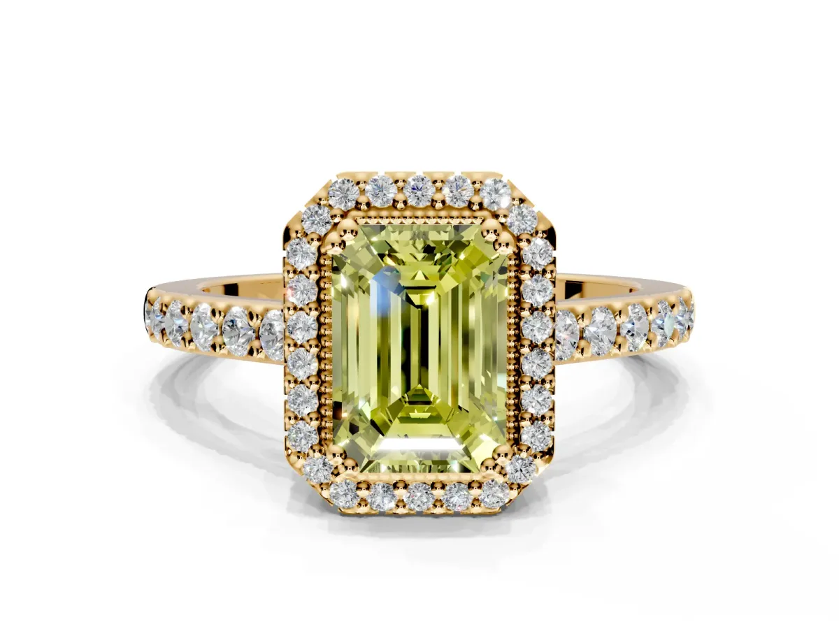 Halo Engagement Ring Setting for Fancy Yellow Emerald Cut Center with Inner Milgrain Border and Prong Head in Yellow Gold