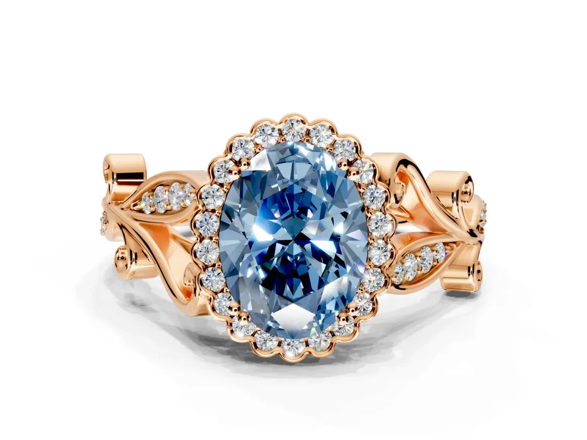 Halo Engagement Ring Setting for Fancy Blue Oval Center with Leaf Motif Split Shank and Prong Head in Rose Gold