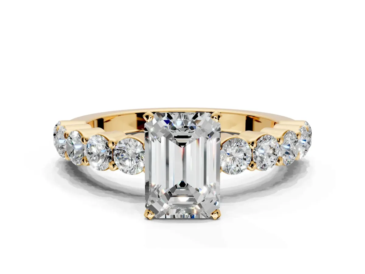 Shared-Prong Engagement Ring Setting for Emerald Cut Center with Graduated Accents and Prong Head in Yellow Gold