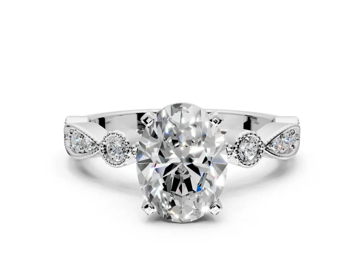 Solitaire Engagement Ring Setting for Oval Center with Milgrain Bezel Accents and Prong Head in Platinum