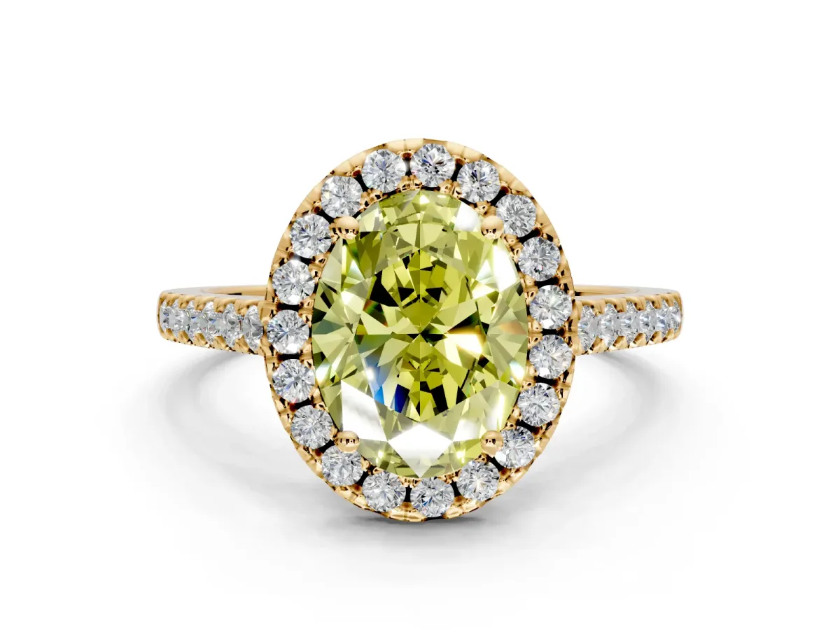 Halo Engagement Ring Setting for Fancy Yellow Oval Center with Raised Halo, Pave Band and Prong Head in Yellow Gold