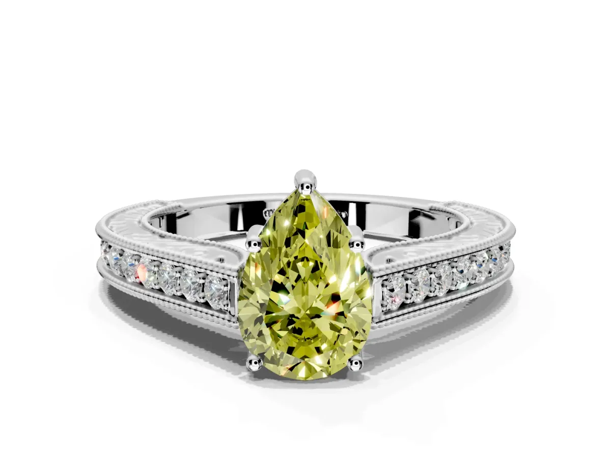 Solitaire Engagement Ring Setting for Fancy Yellow Pear-Shaped Center with Engraved Pave Band and Prong Head in Sterling Silver