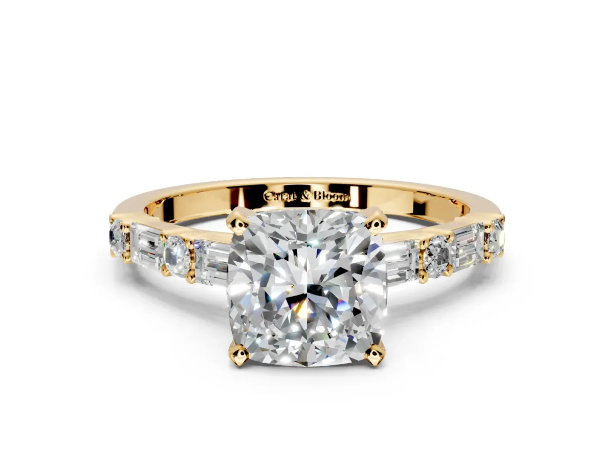 Baguette Engagement Ring Setting for Cushion Cut Center with Alternating Bar-Set Band and Prong Head in Yellow Gold