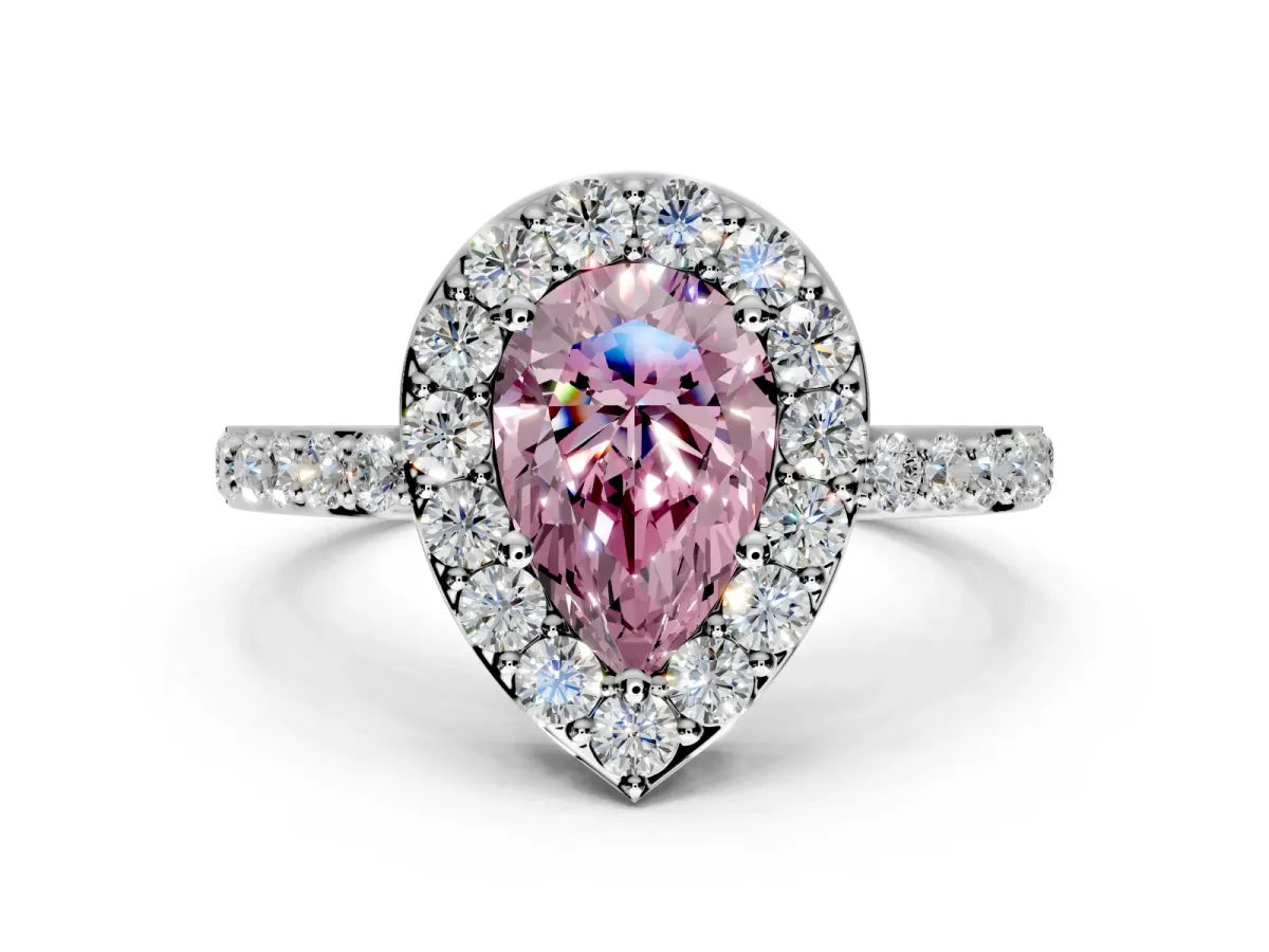 Halo Engagement Ring Setting for Fancy Pink Pear-Shaped Center with Heart-Shaped Openwork, Pave Band and Prong Head in Platinum
