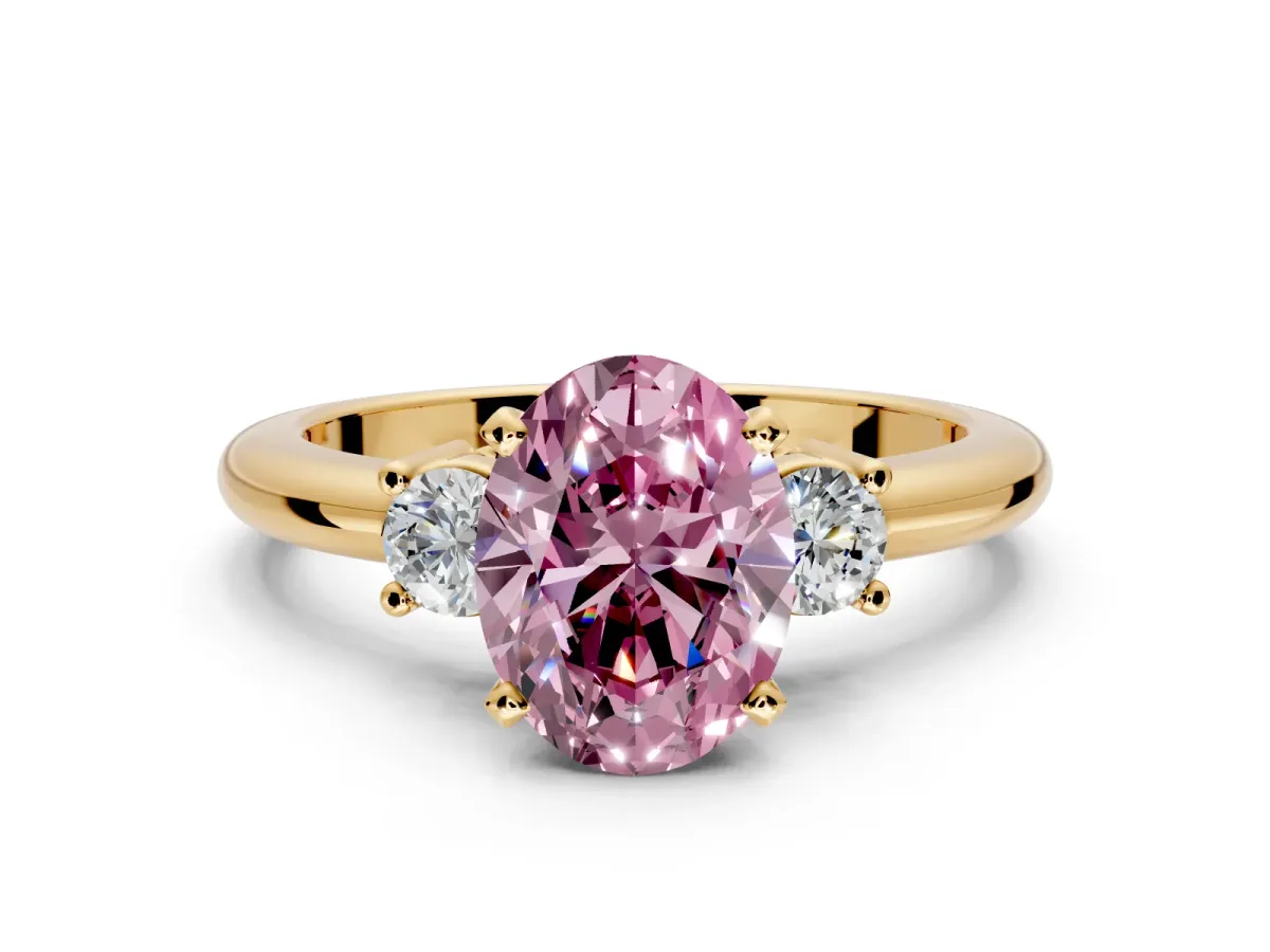 3 Stone Engagement Ring Setting for Fancy Pink Oval Center with Wide Plain Band and Prong Head in Yellow Gold