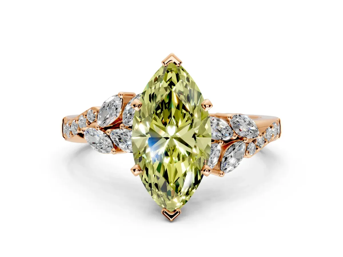 Solitaire Engagement Ring Setting for Fancy Yellow Marquise Center with Marquise Accent Twist Band and Prong Head in Rose Gold