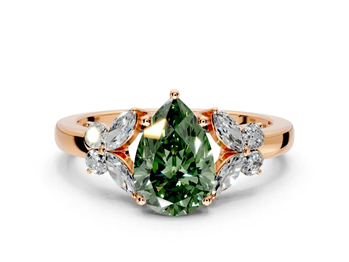 Solitaire Engagement Ring Setting for Fancy Green Pear-Shaped Center with Marquise Flower Shoulders and Prong Head in Rose Gold
