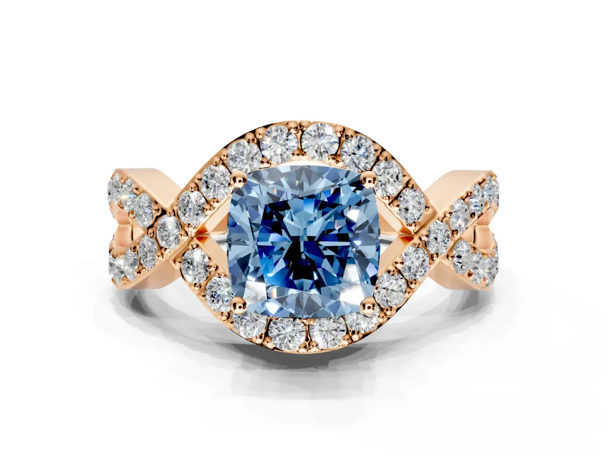 Halo Engagement Ring Setting for Fancy Blue Cushion Cut Center with Pave Infinity Twist Band and Prong Head in Rose Gold