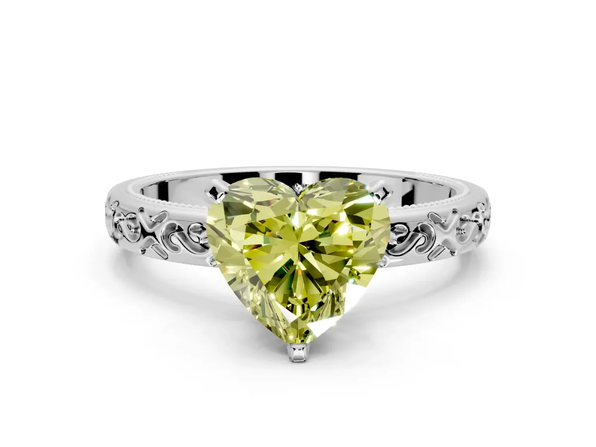 Solitaire Engagement Ring Setting for Fancy Yellow Heart-Shaped Center with Scrollwork Band and Prong Head in Platinum