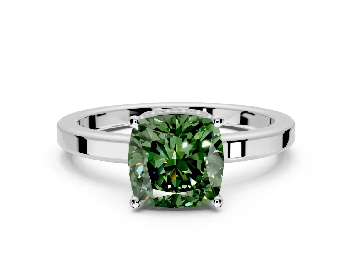Hidden Halo Engagement Ring Setting for Fancy Green Cushion Cut Center with Wide Flat Plain Band and Prong Head in Platinum