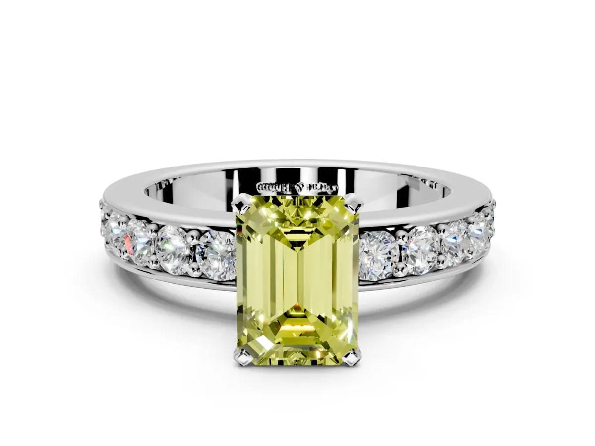 Solitaire Engagement Ring Setting for Fancy Yellow Emerald Cut Center with Channel-Set Accents and Prong Head in Platinum