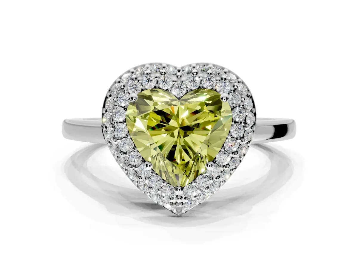 Halo Engagement Ring Setting for Fancy Yellow Heart-Shaped Center with Plain Tapered Band and Prong Head in Sterling Silver