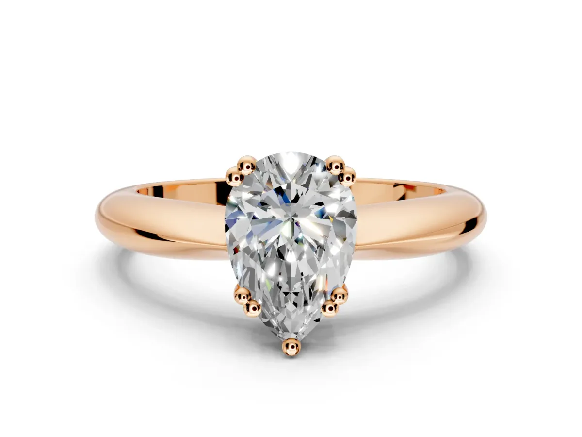 Solitaire Engagement Ring Setting for Pear-Shaped Center with Reverse Tapered Band and Prong Head in Rose Gold