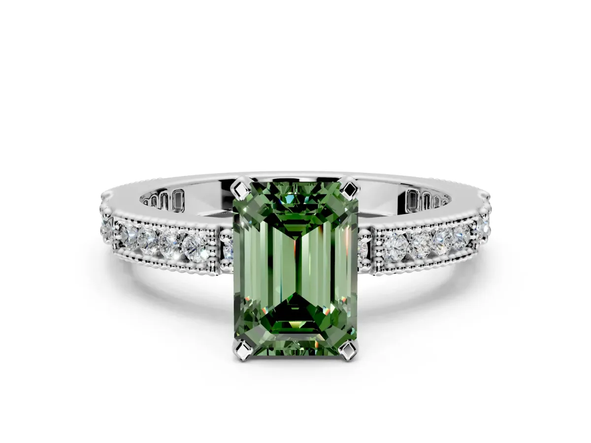 Solitaire Engagement Ring Setting for Fancy Green Emerald Cut Center with Milgrain-Edged Pave Band and Prong Head in Sterling Silver