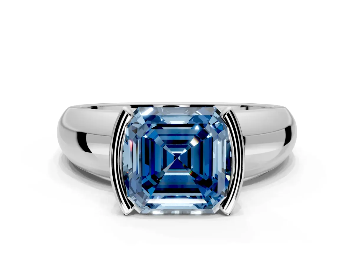 Tension Engagement Ring Setting for Fancy Blue Asscher Cut Center with Wide Flat Band and Tension Head in Sterling Silver