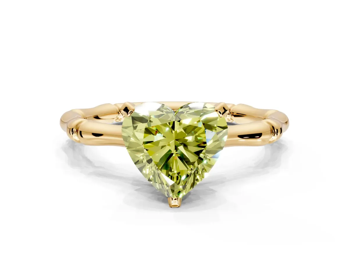 Solitaire Engagement Ring Setting for Fancy Yellow Heart-Shaped Center with Bamboo Band and Prong Head in Yellow Gold