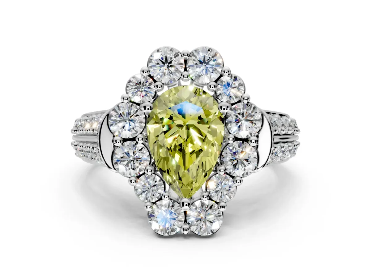 Large Accent Halo Engagement Ring Setting for Fancy Yellow Pear-Shaped Center with Pave Split Shank and Prong Head in Sterling Silver