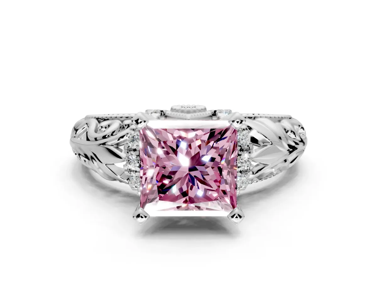Solitaire Engagement Ring Setting for Fancy Pink Princess Cut Center with Filigree Accent Basket and Prong Head in White Gold