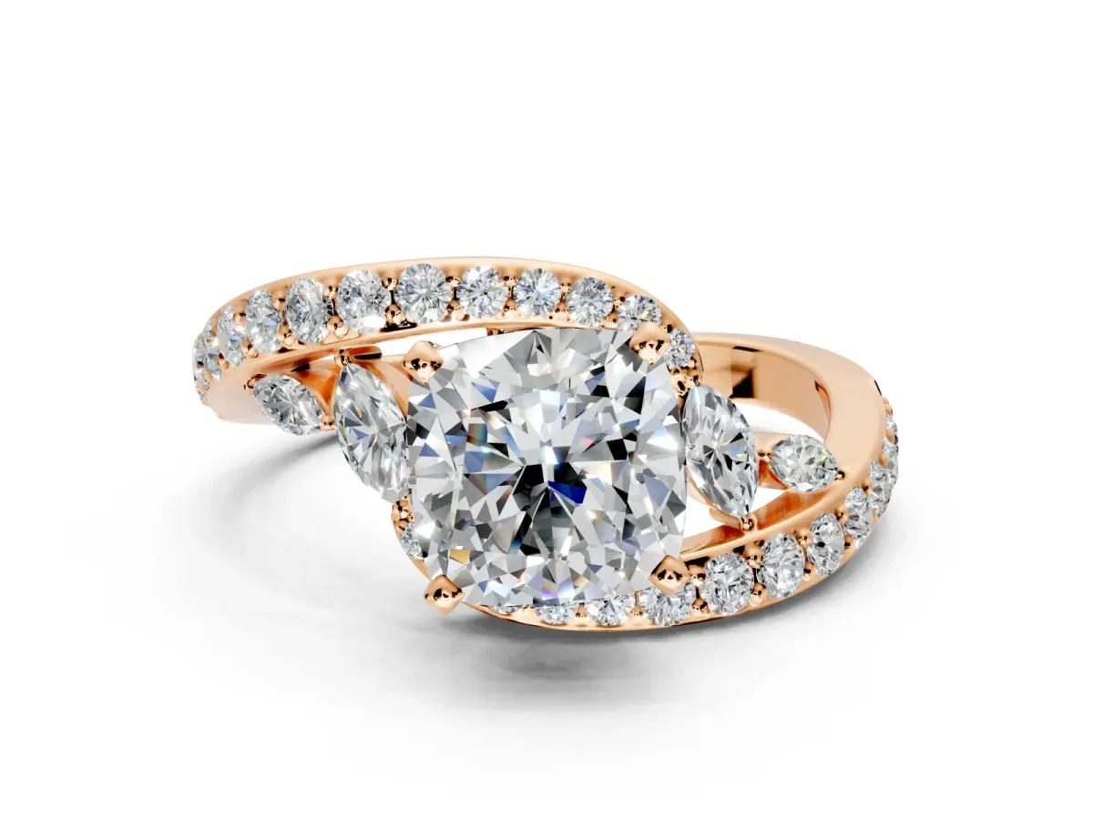 Solitaire Engagement Ring Setting for Cushion Cut Center with Pave Bypass Twist Band and Prong Head in Rose Gold