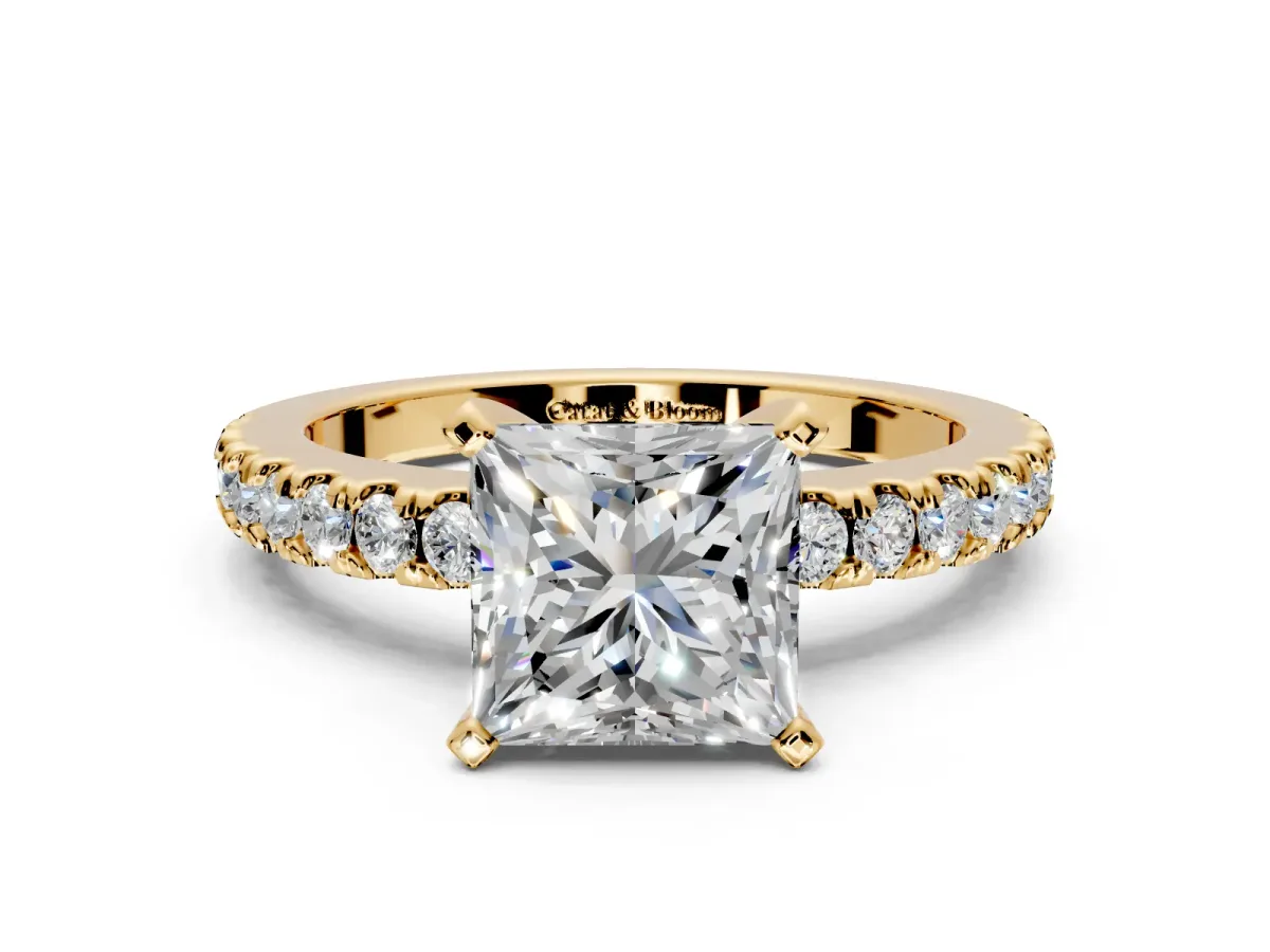 Solitaire Engagement Ring Setting for Princess Cut Center with Single Row Accent Band and Prong Head in Yellow Gold