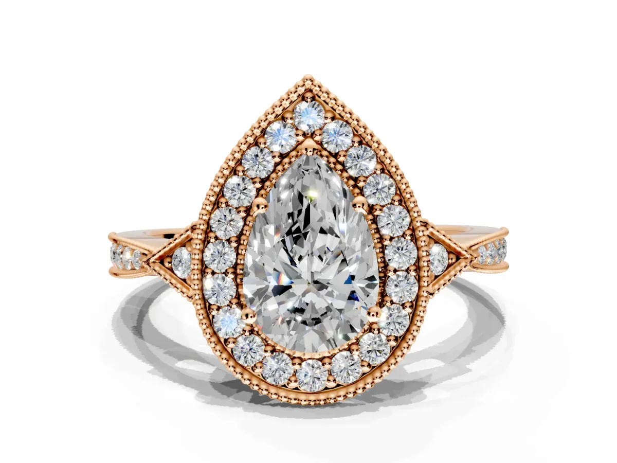 Halo Engagement Ring Setting for Pear-Shaped Center with Milgrain Rim, Pave Band and Prong Head in Rose Gold