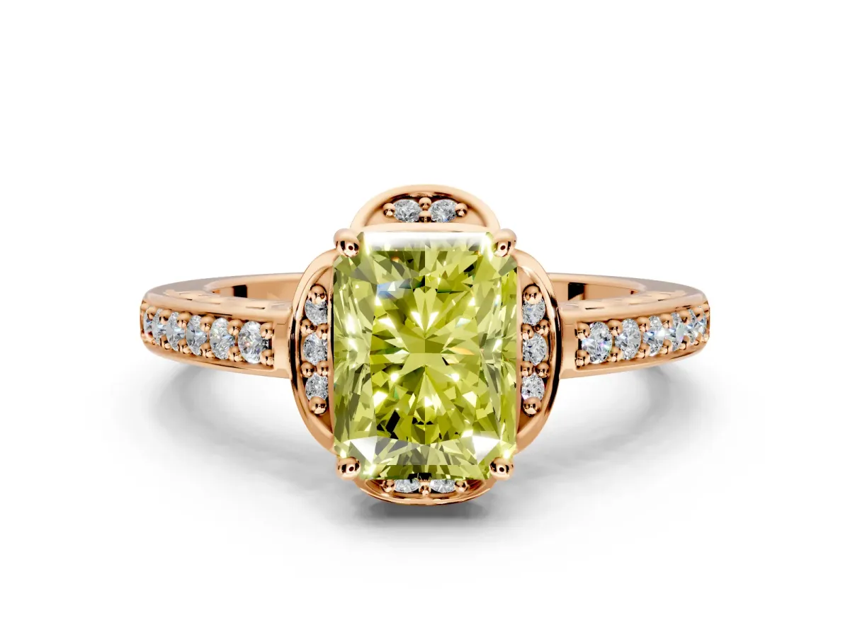 Floral Engagement Ring Setting for Fancy Yellow Radiant Cut Center with Four Accent Clusters and Prong Head in Rose Gold