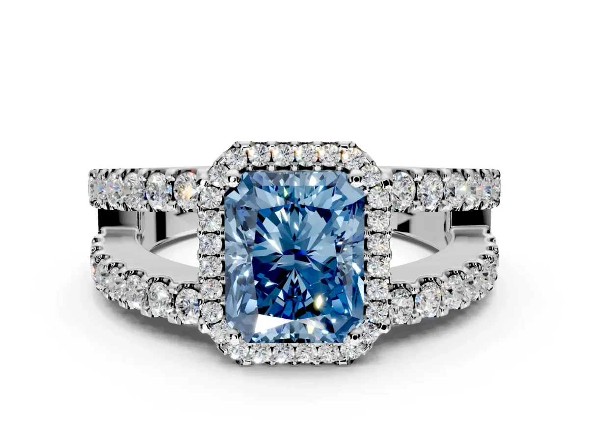 Halo Engagement Ring Setting for Fancy Blue Radiant Cut Center with Wide-Open Pave Split Shank and Prong Head in Platinum