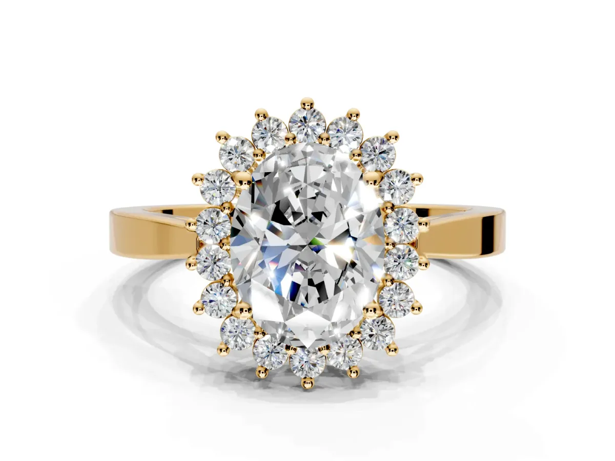 Starburst Halo Engagement Ring Setting for Oval Center with Flat Cathedral Band and Prong Head in Yellow Gold