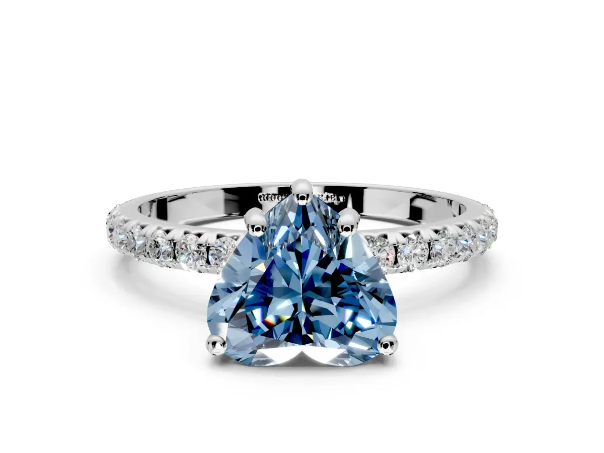 Solitaire Engagement Ring Setting for Fancy Blue Heart-Shaped Center with Micro Pave Band and Prong Head in Platinum
