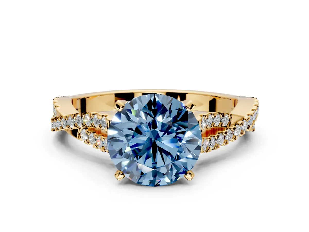 Solitaire Engagement Ring Setting for Fancy Blue Round Cut Center with Twisted Pave Split Shank and Prong Head in Yellow Gold