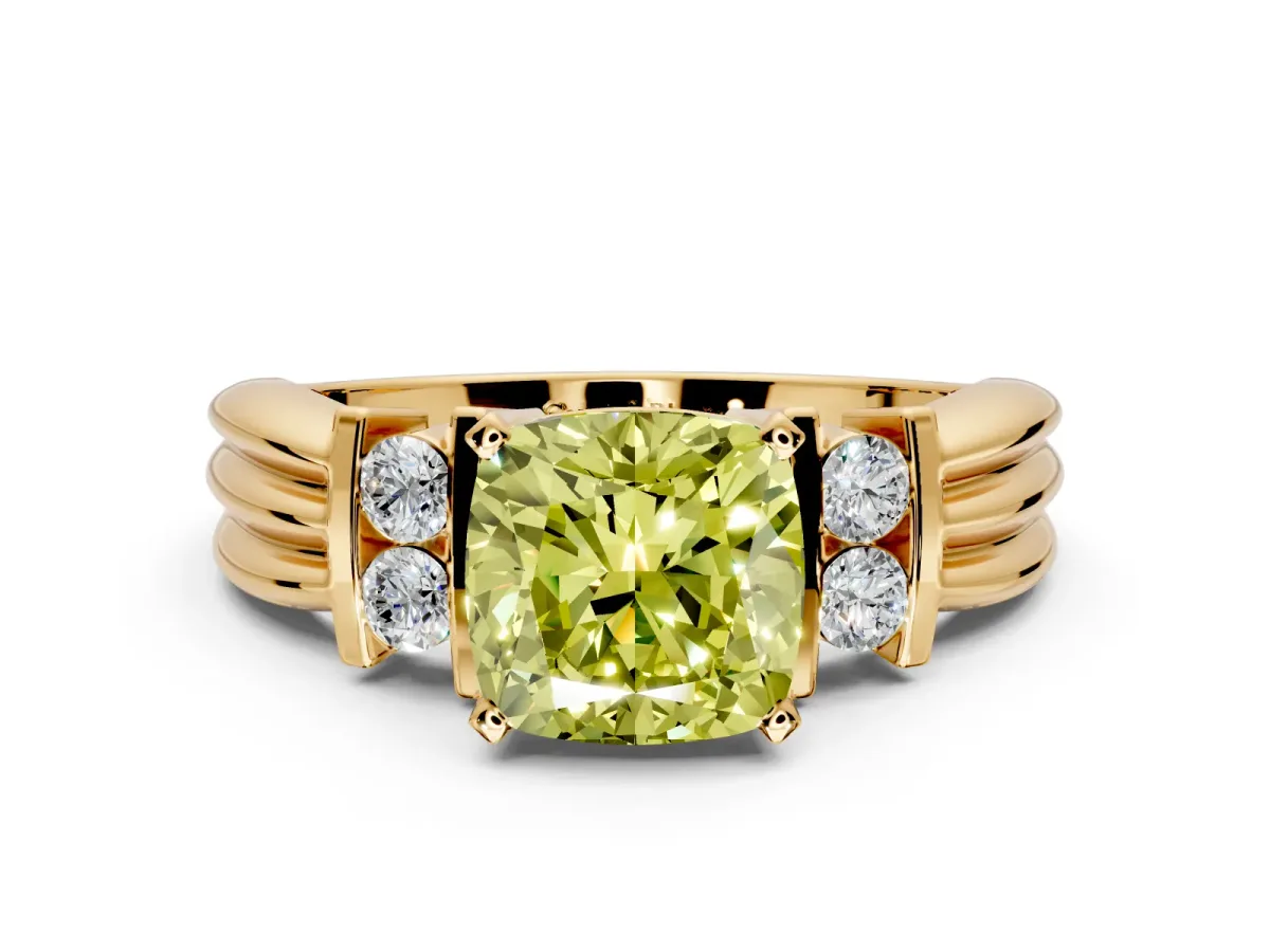 Solitaire Engagement Ring Setting for Fancy Yellow Cushion Cut Center with Grooved Bar Accent Band and Prong Head in Yellow Gold