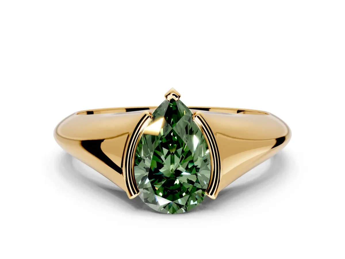 Tension Engagement Ring Setting for Fancy Green Pear-Shaped Center with Wide Tapered Band and Tension Head in Yellow Gold