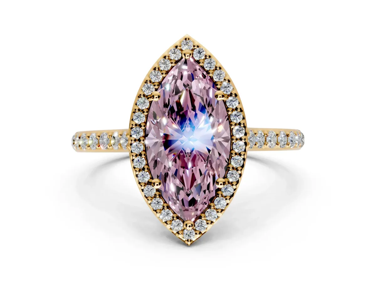 Halo Engagement Ring Setting for Fancy Pink Marquise Center with Pave Accents, Heart Basket and Prong Head in Yellow Gold
