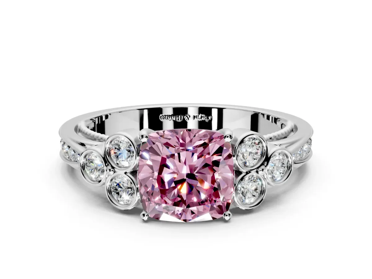 Cluster Engagement Ring Setting for Fancy Pink Cushion Cut Center with Bezel Accent Clusters and Prong Head in Platinum