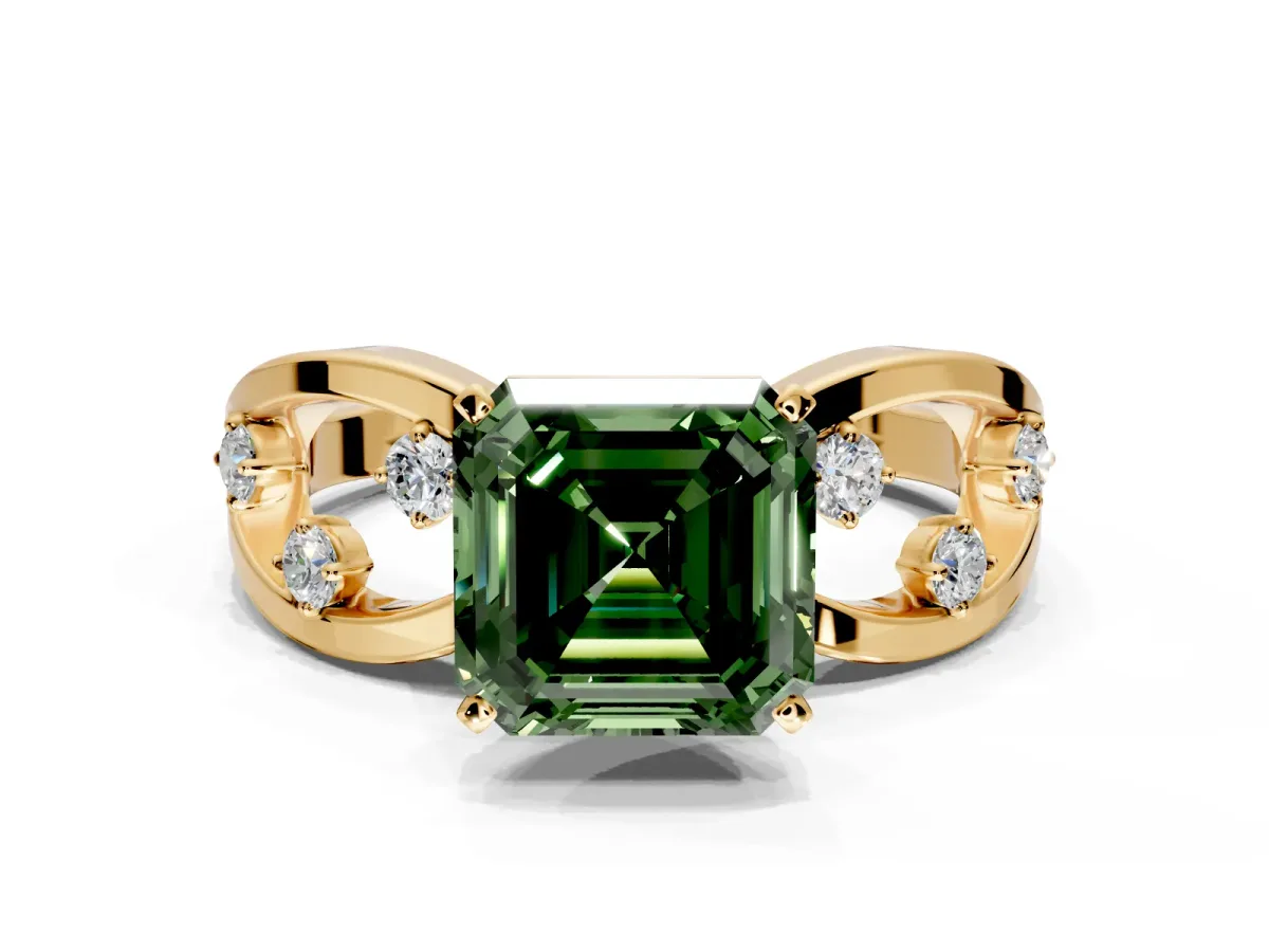 Solitaire Engagement Ring Setting for Fancy Green Asscher Cut Center with Criss-Cross Accent Band and Prong Head in Yellow Gold