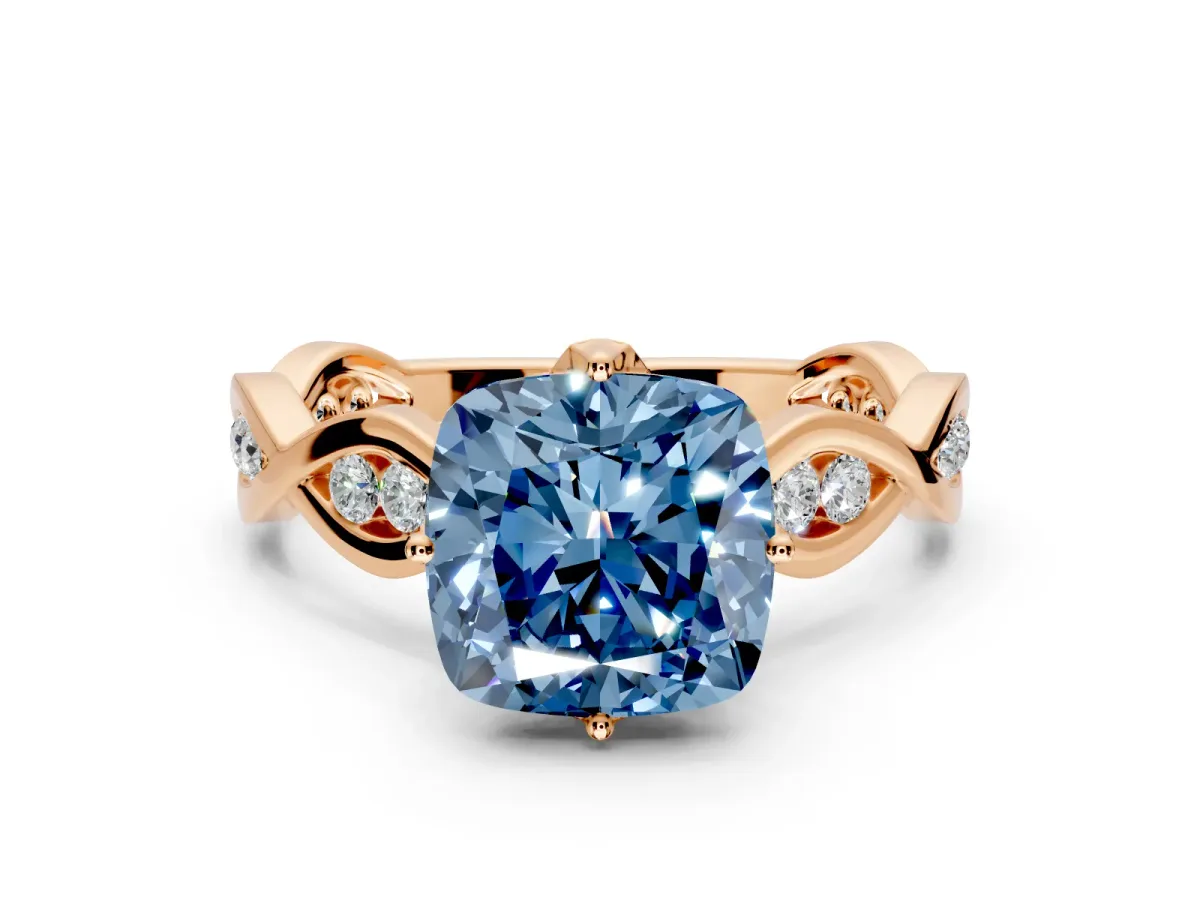 Solitaire Engagement Ring Setting for Fancy Blue Cushion Cut Center with Accented Twist Band and Leaf Prong Head in Rose Gold