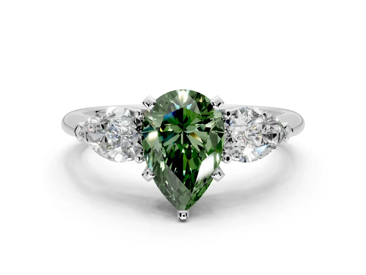 3 Stone Engagement Ring Setting for Fancy Green Pear-Shaped Center with Large Pear-Shaped Accents and Prong Head in Platinum