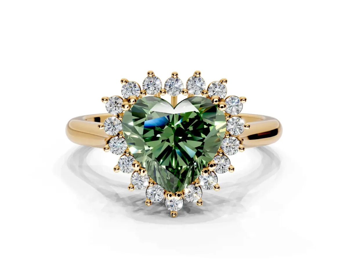 Starburst Halo Engagement Ring Setting for Fancy Green Heart-Shaped Center with Thin Round-Wire Band and Prong Head in Yellow Gold